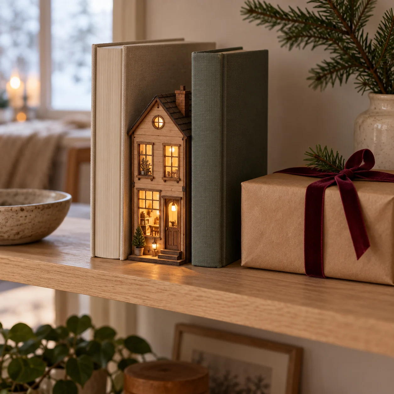 Une petite maison miniature entre des livres