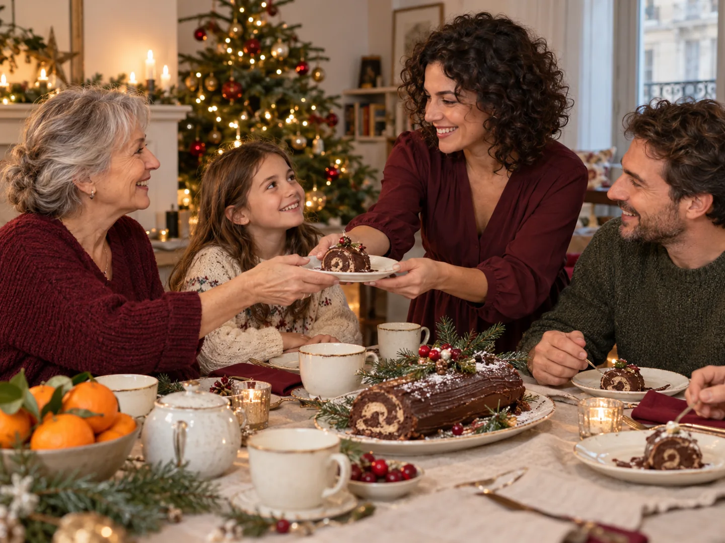 Une famille partage sa bûche de Noël autour de la table